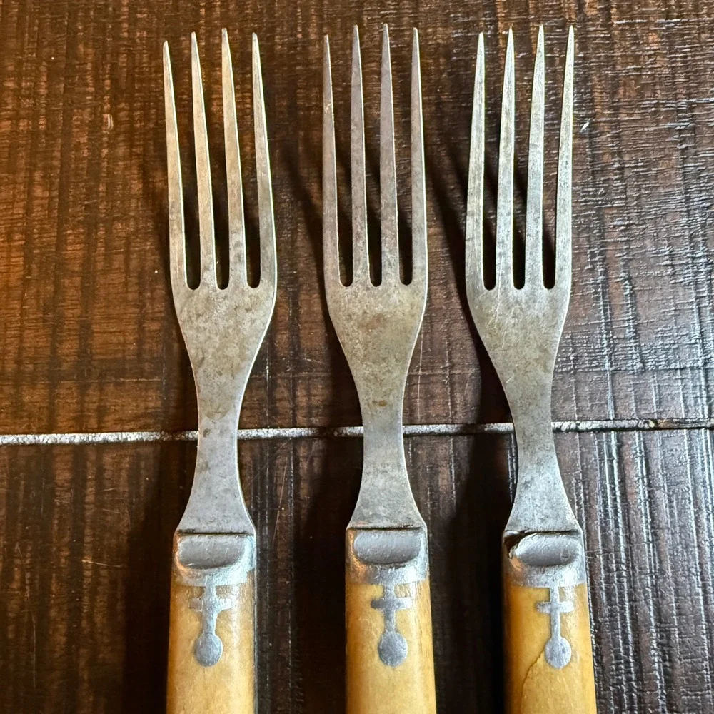 Antique Primitive Bone Handle Forks Set of 3 Pewter Inlay Rustic Flatware 7.25